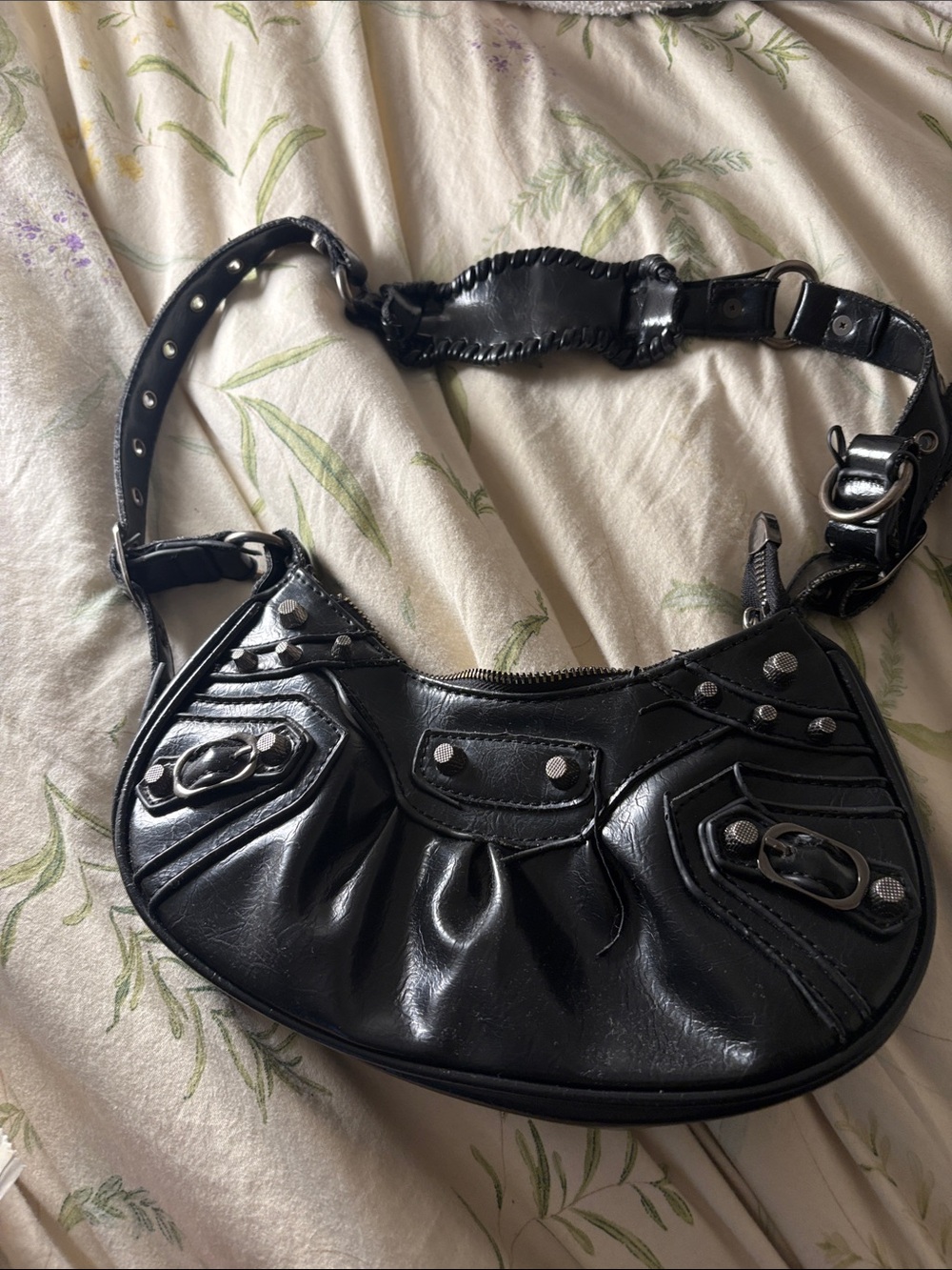 Vintage Black Women's Shoulder Bag with Stud & Buckle Details